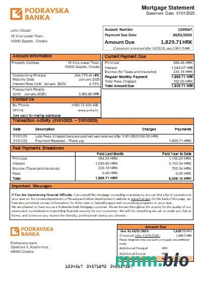 Chorwacja Bank Podravska wyciąg z kredytu hipotecznego szablon Word i PDF